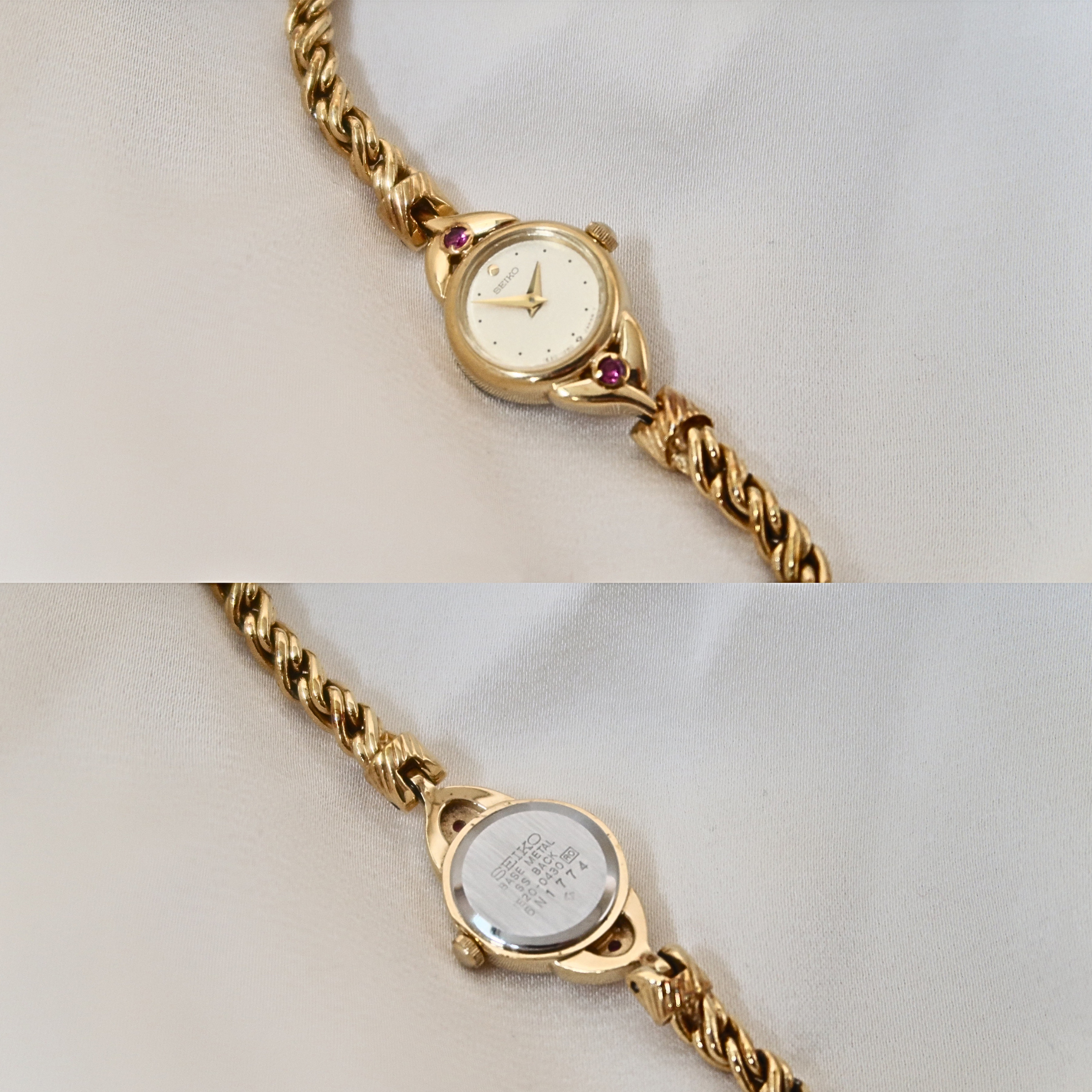 Vintage Seiko 1E20-0430 Ruby Accent Gold Bracelet Watch — Circa 1986