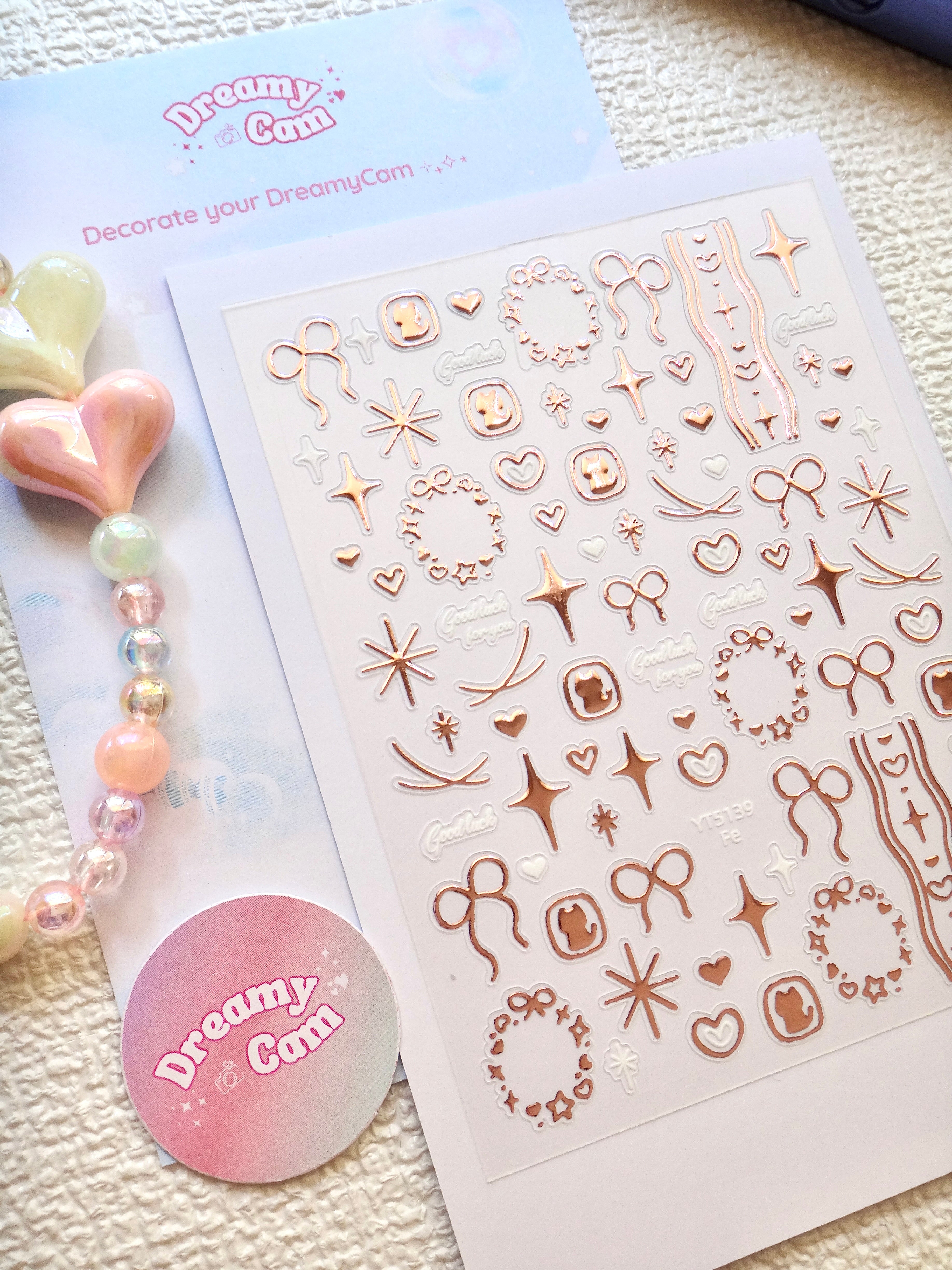 5D Camera Stickers – Bow & Hearts - Metallic Rosegold Bow