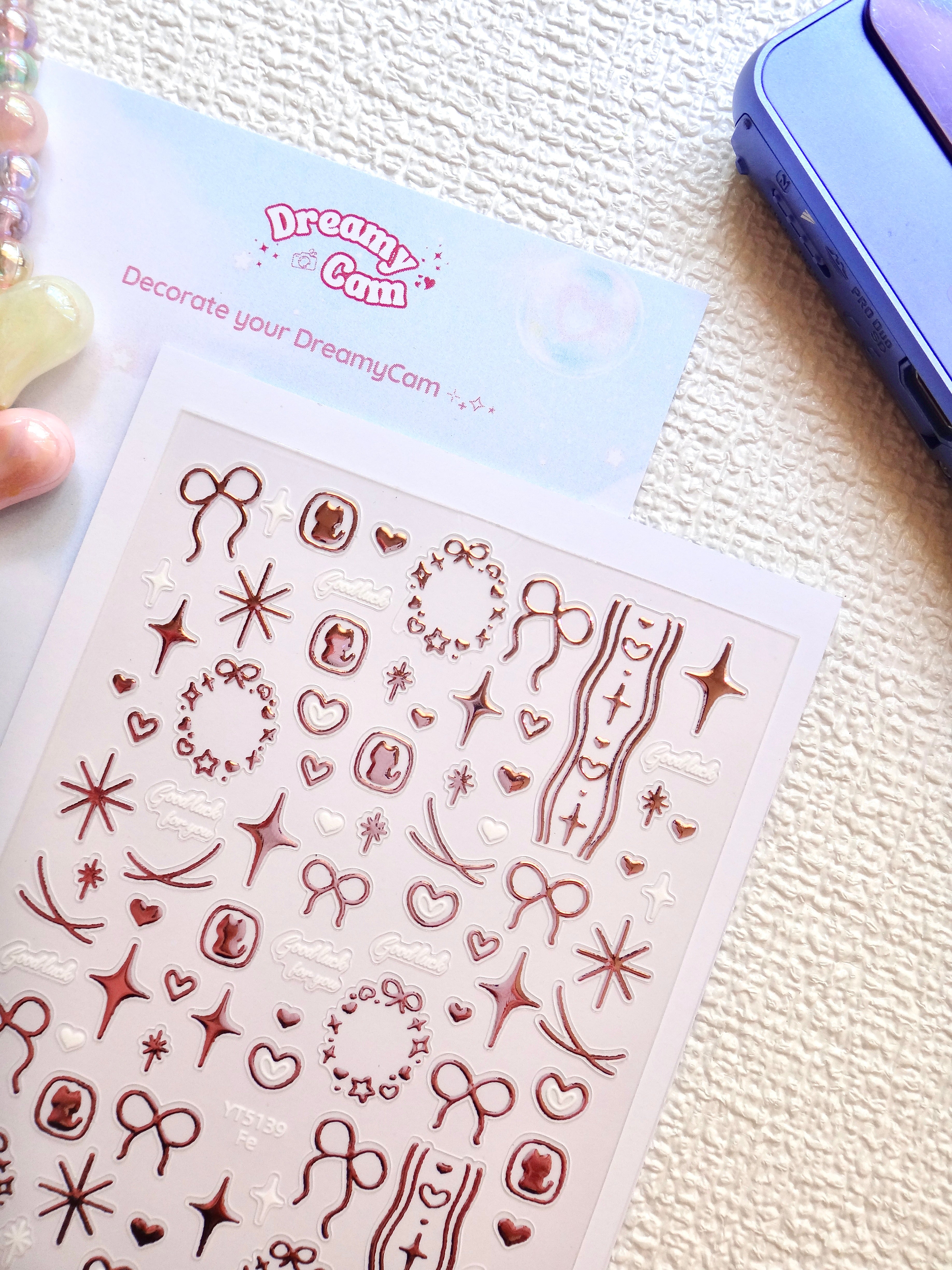 5D Camera Stickers – Bow & Hearts - Metallic Rosegold Bow