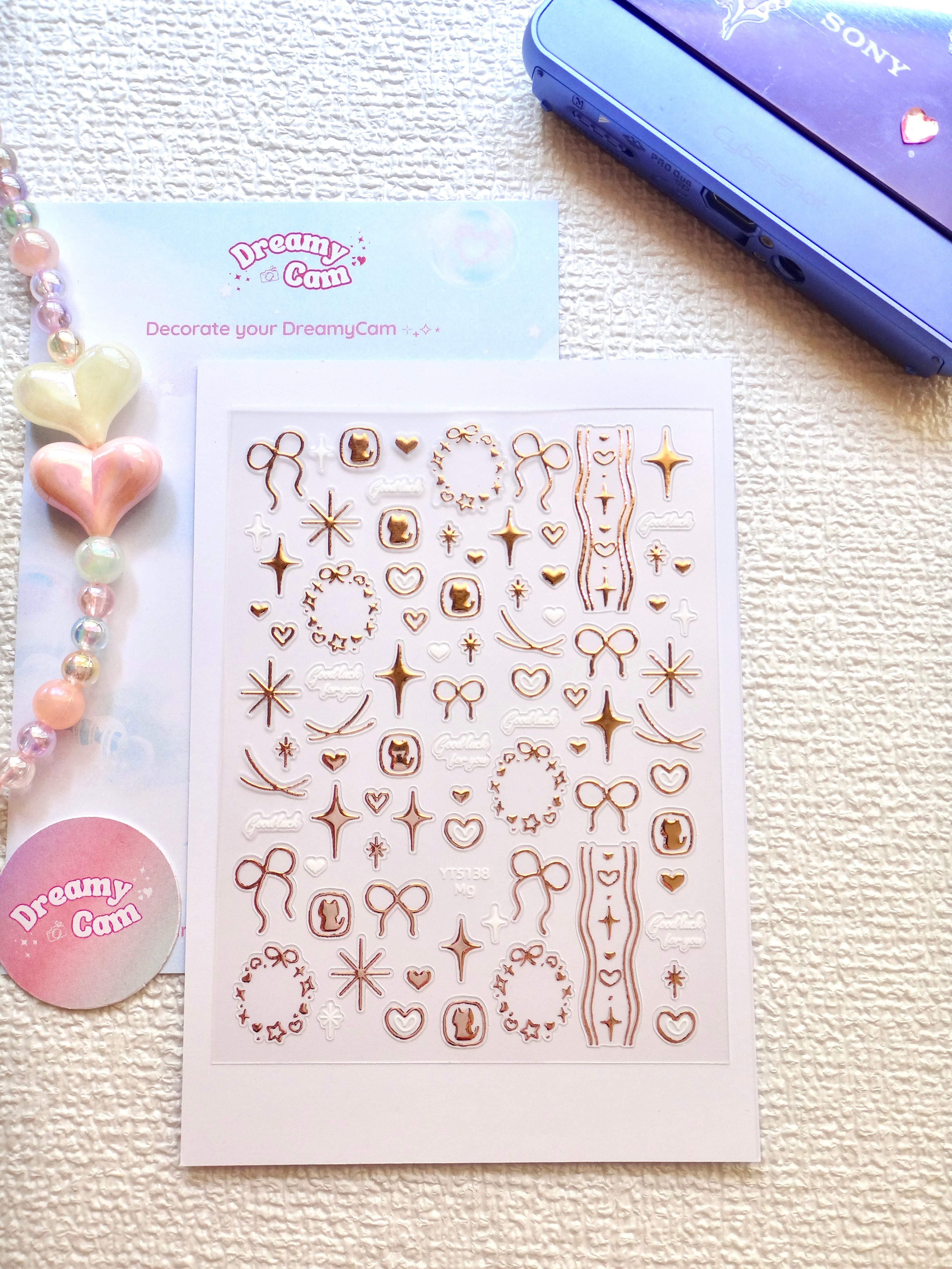 5D Camera Stickers – Bow & Hearts - Metallic Gold Bow