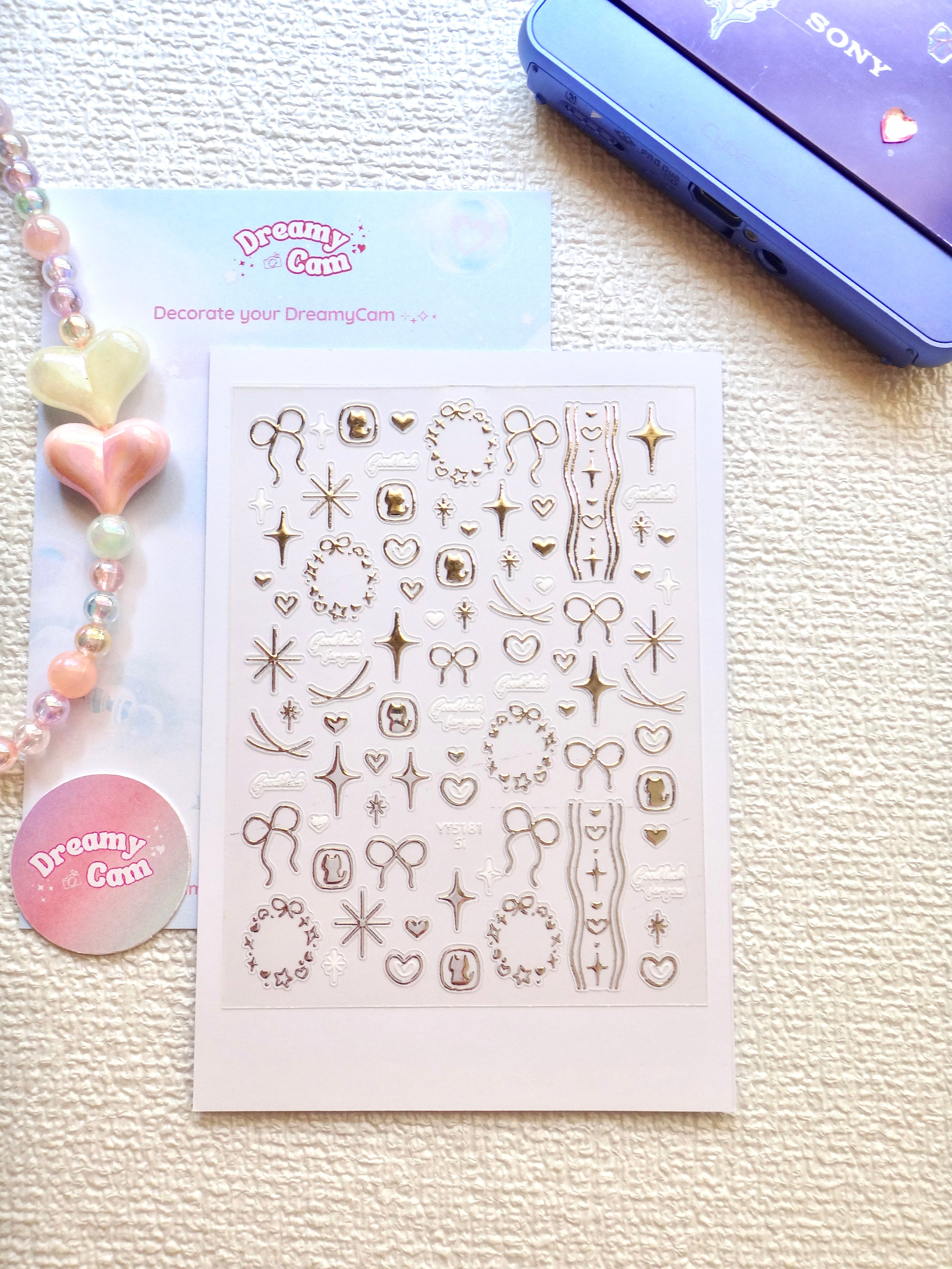 5D Camera Stickers – Bow & Hearts - Metallic Silver Bow