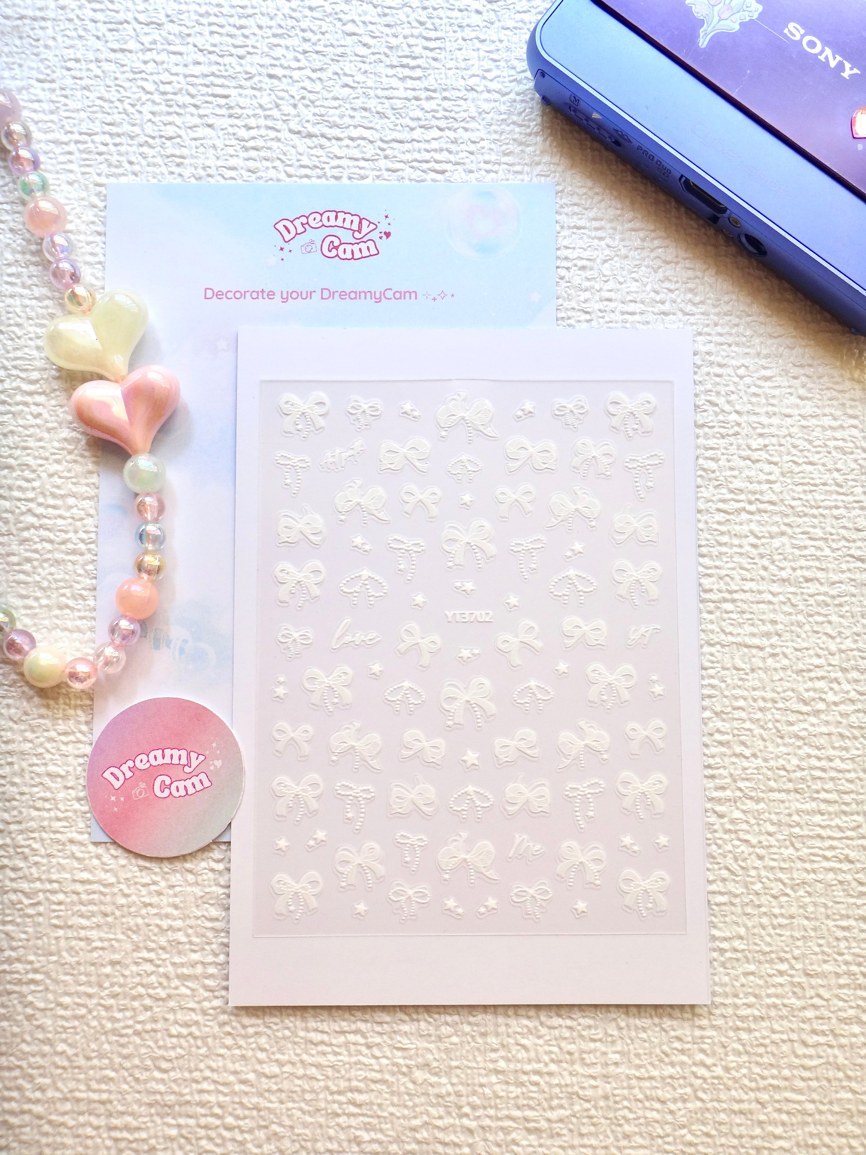 5D Camera Stickers – Bow & Hearts - White Sparkle Bow