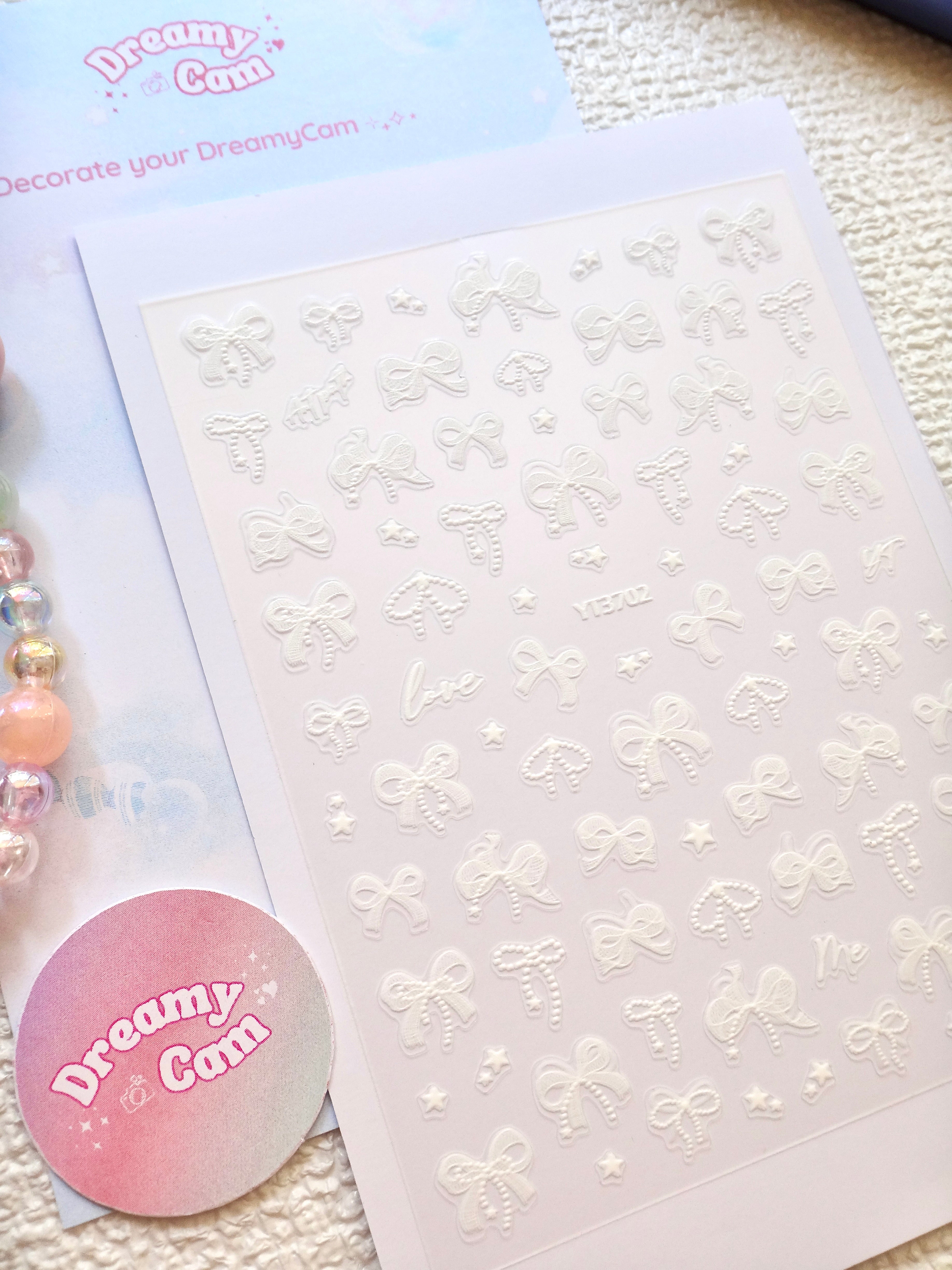 5D Camera Stickers – Bow & Hearts - White Sparkle Bow