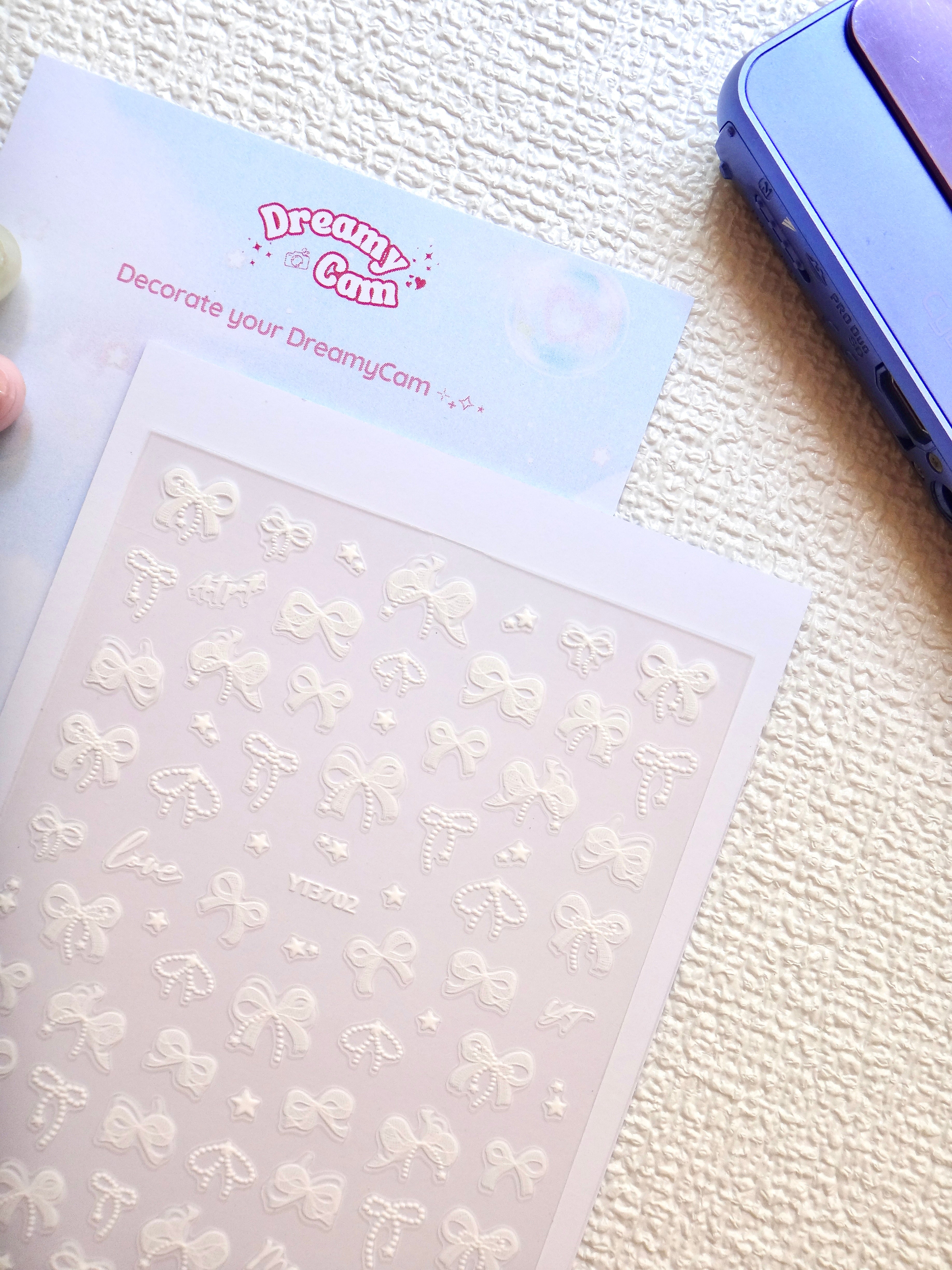 5D Camera Stickers – Bow & Hearts - White Sparkle Bow