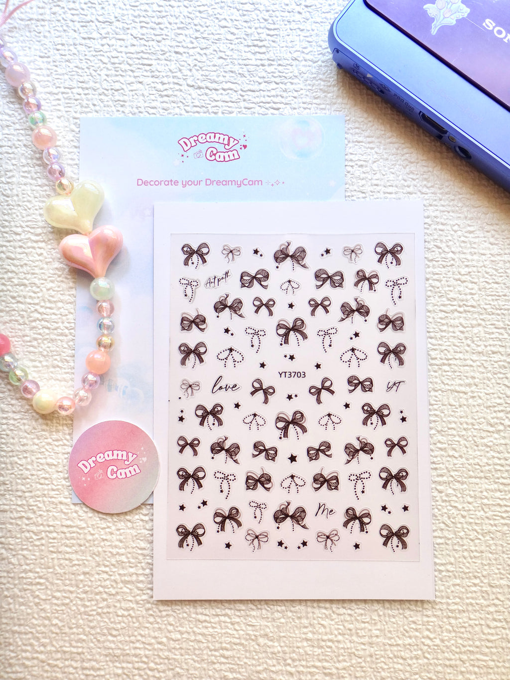 5D Camera Stickers – Bow & Hearts - Black Sparkle Bow