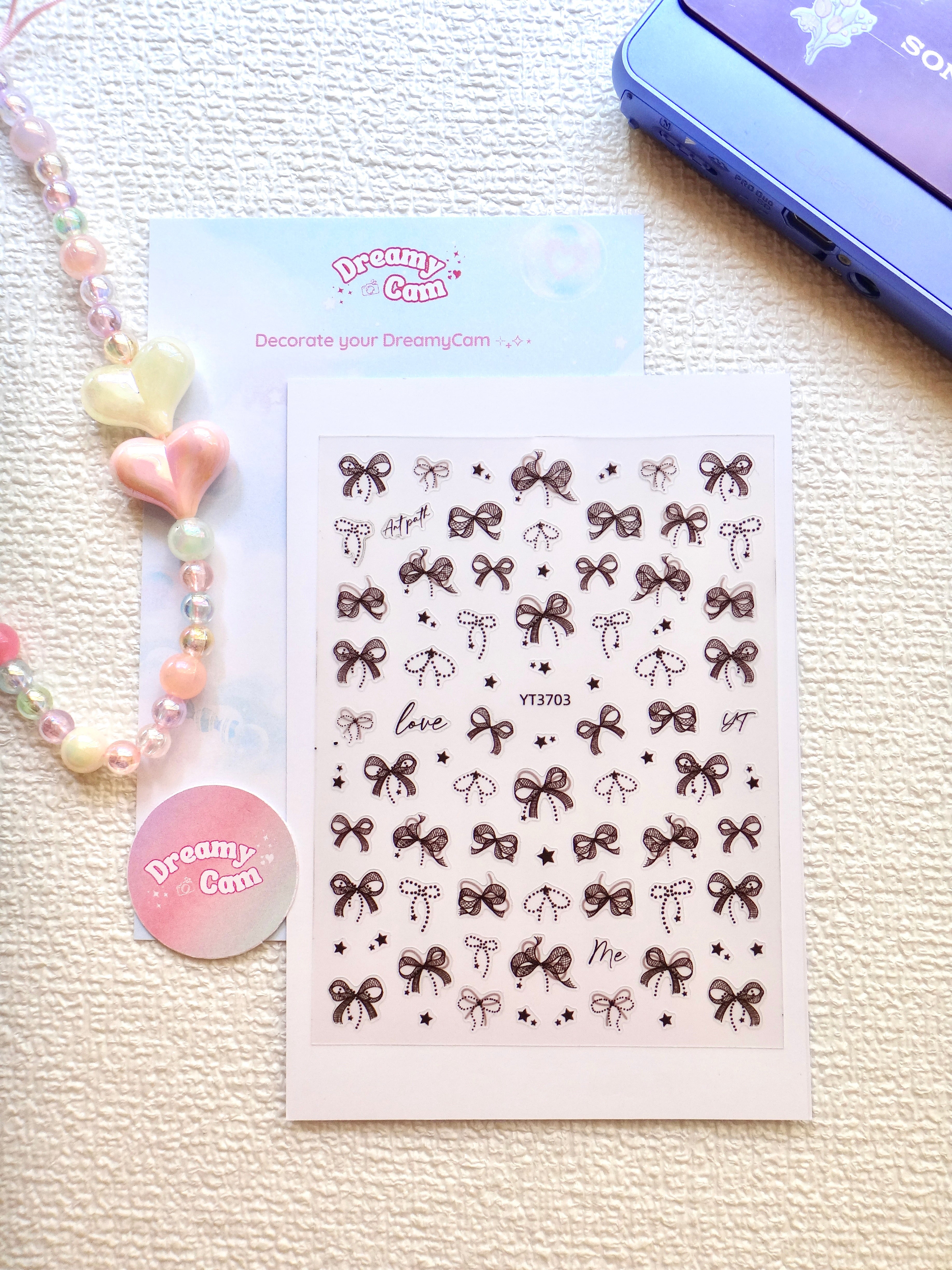 5D Camera Stickers – Bow & Hearts - Black Sparkle Bow