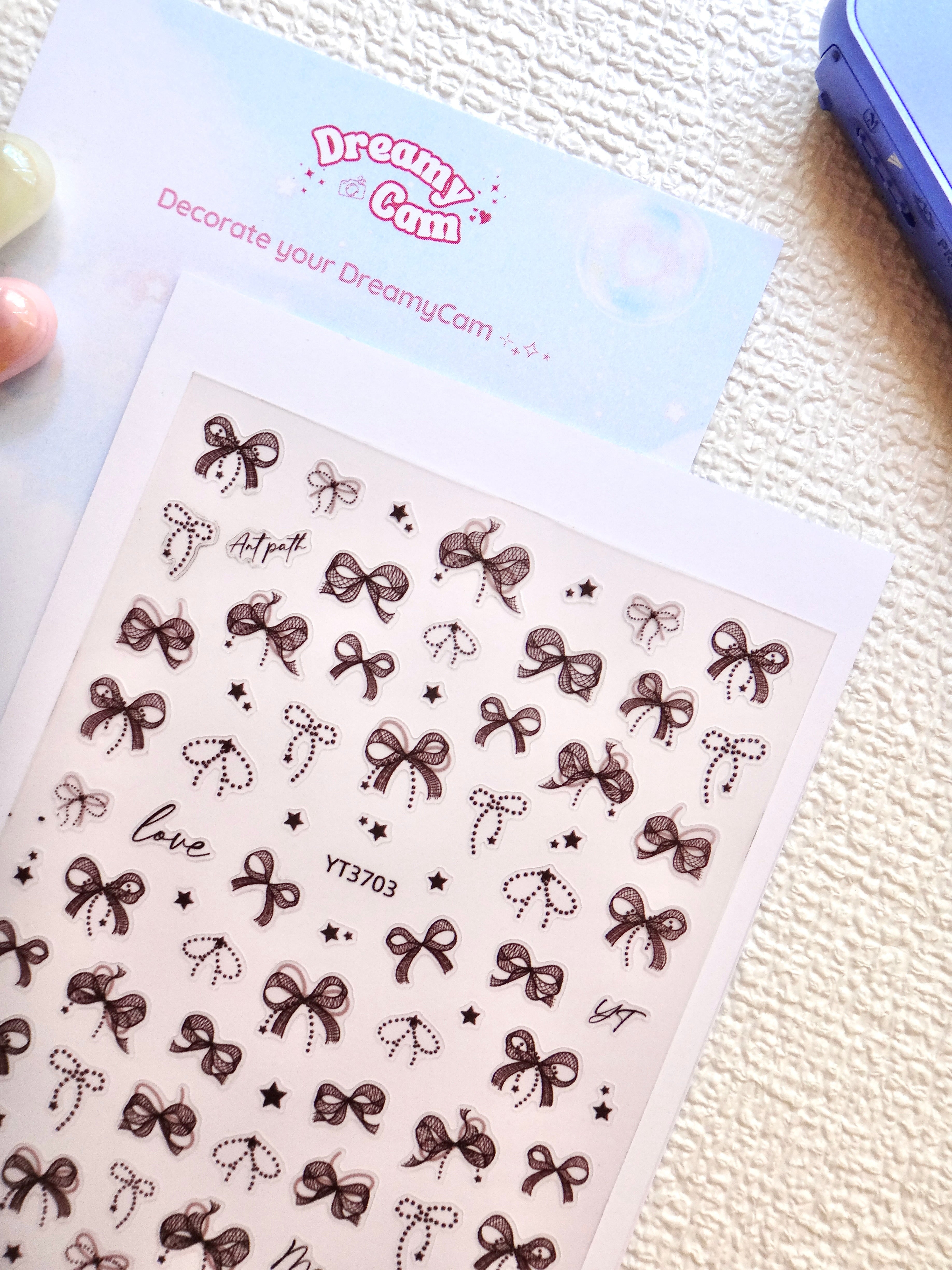 5D Camera Stickers – Bow & Hearts - Black Sparkle Bow