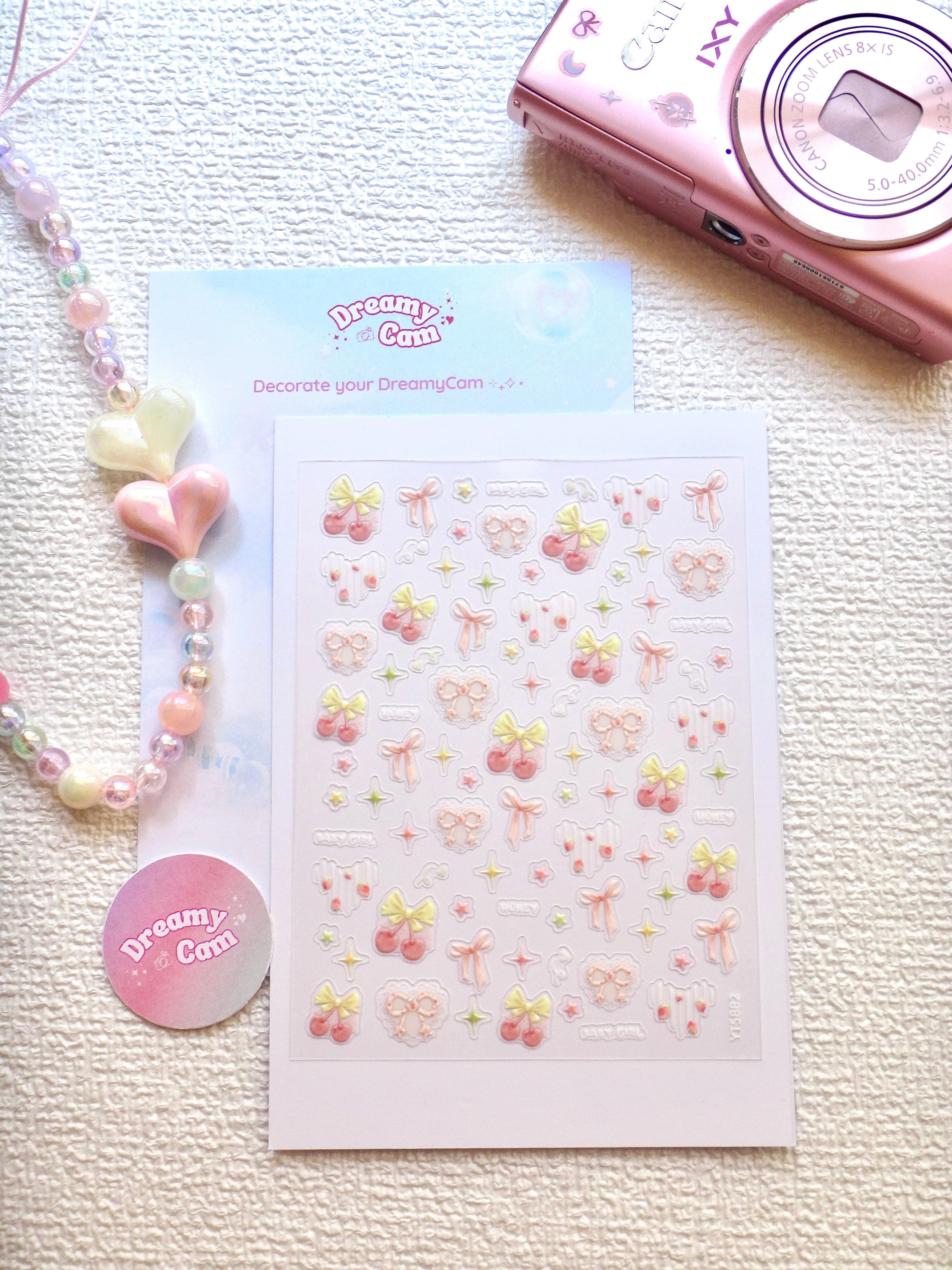 5D Camera Stickers – Bow & Hearts - Cherry Pink Bow