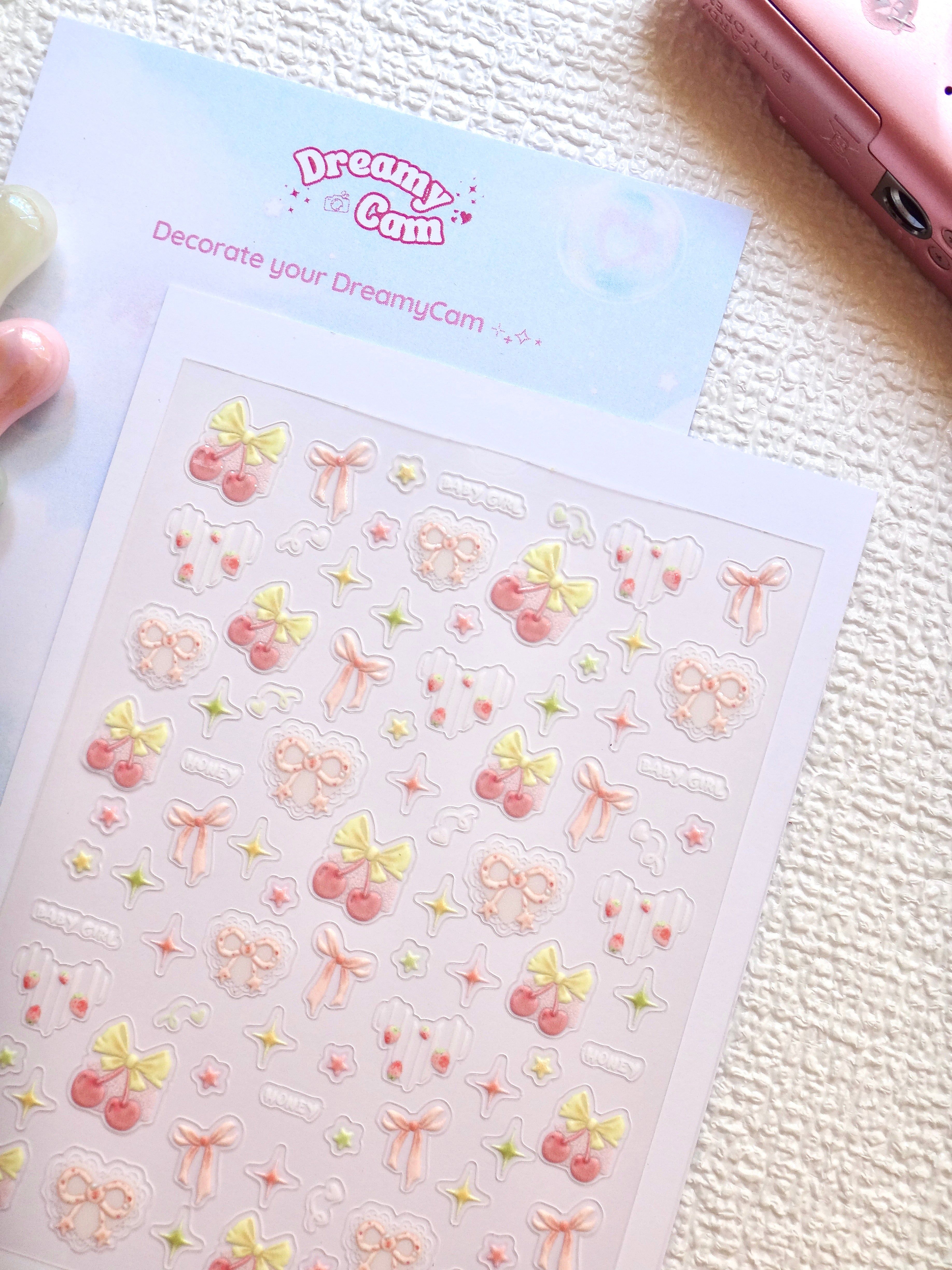 5D Camera Stickers – Bow & Hearts - Cherry Pink Bow
