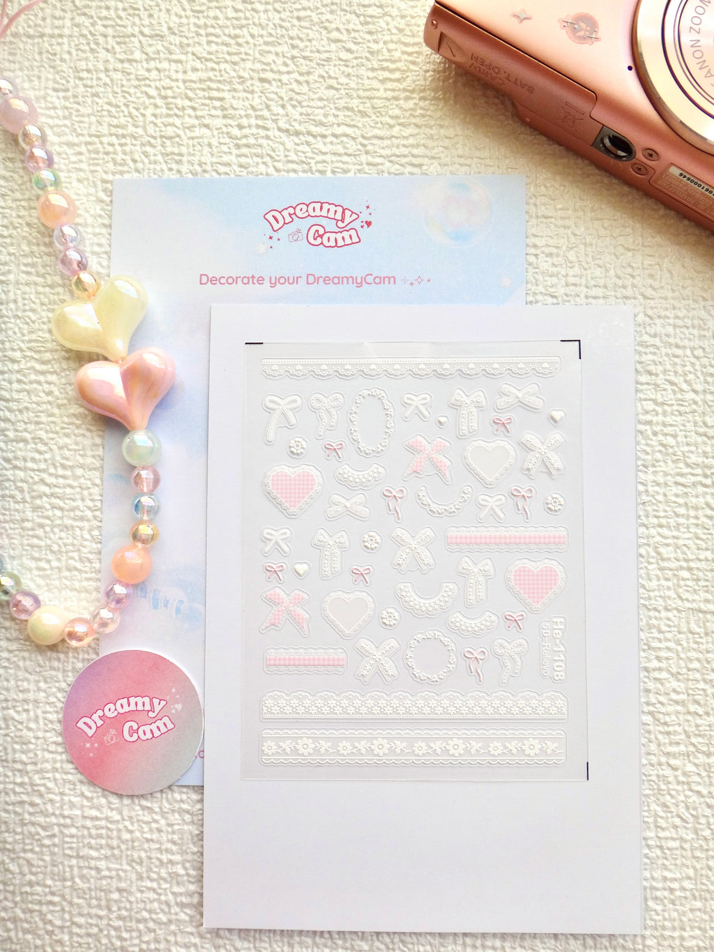 5D Camera Stickers – Bow & Hearts - Pink Lace Coquette