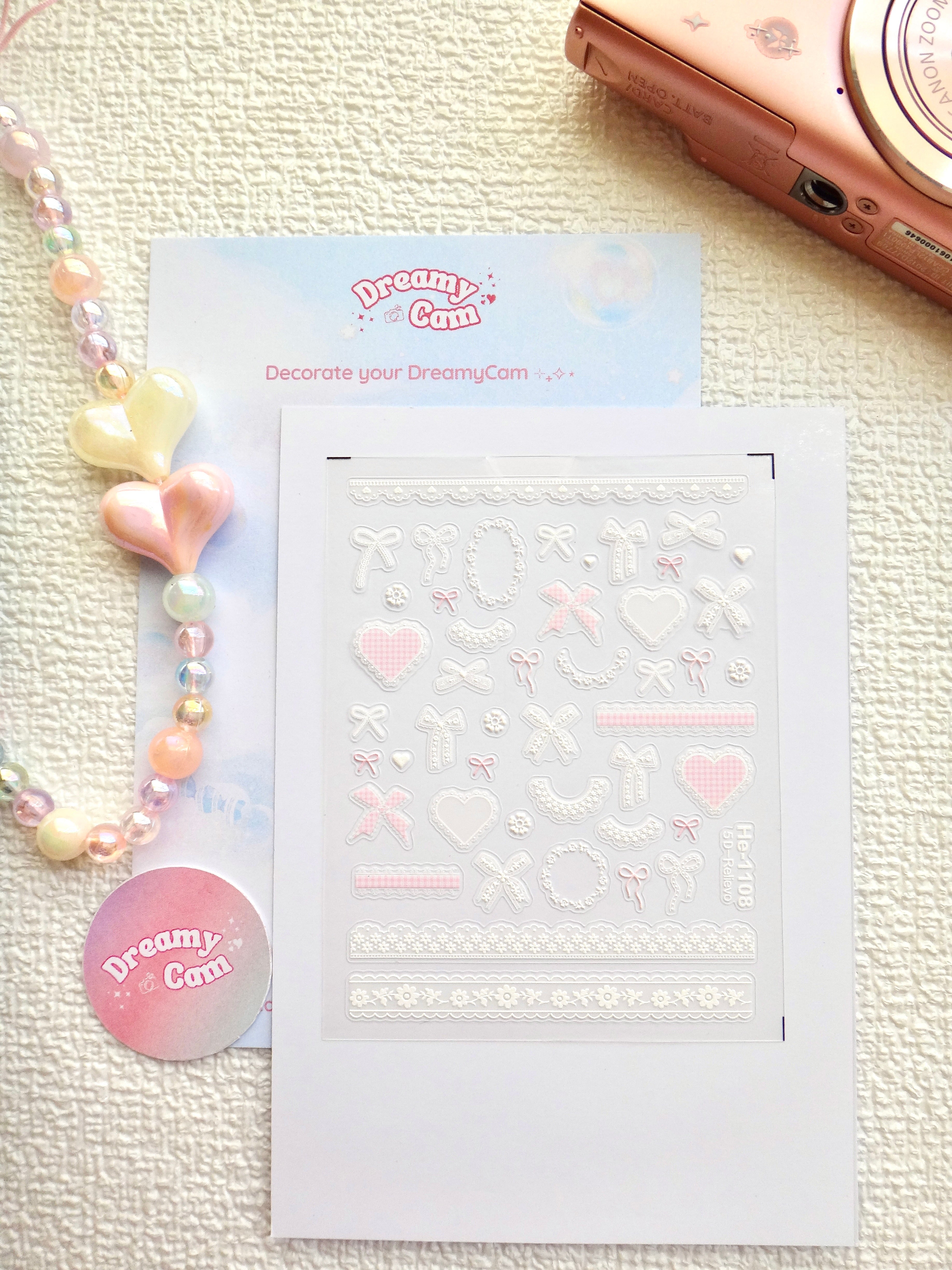 5D Camera Stickers – Bow & Hearts - Pink Lace Coquette