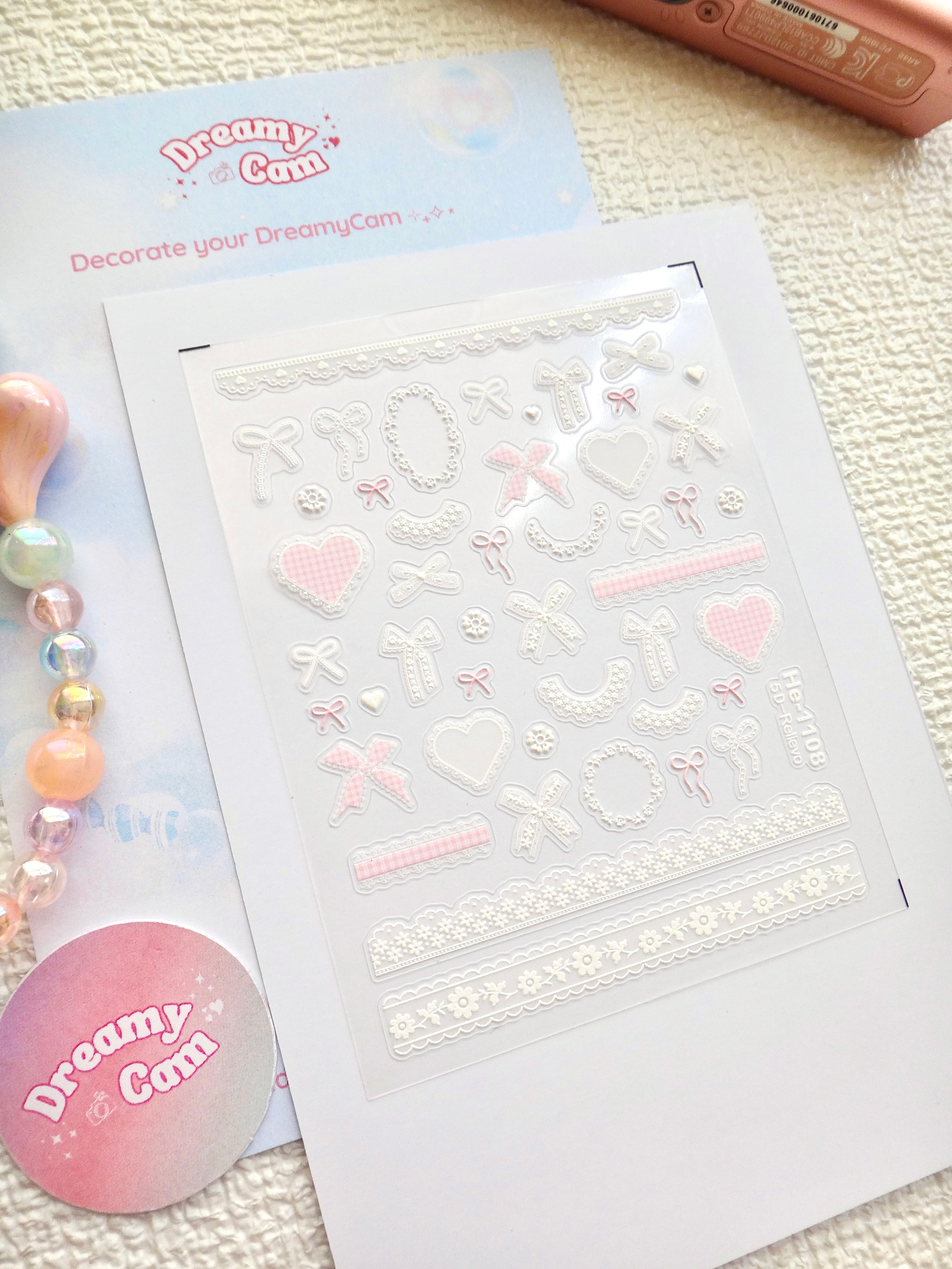 5D Camera Stickers – Bow & Hearts - Pink Lace Coquette