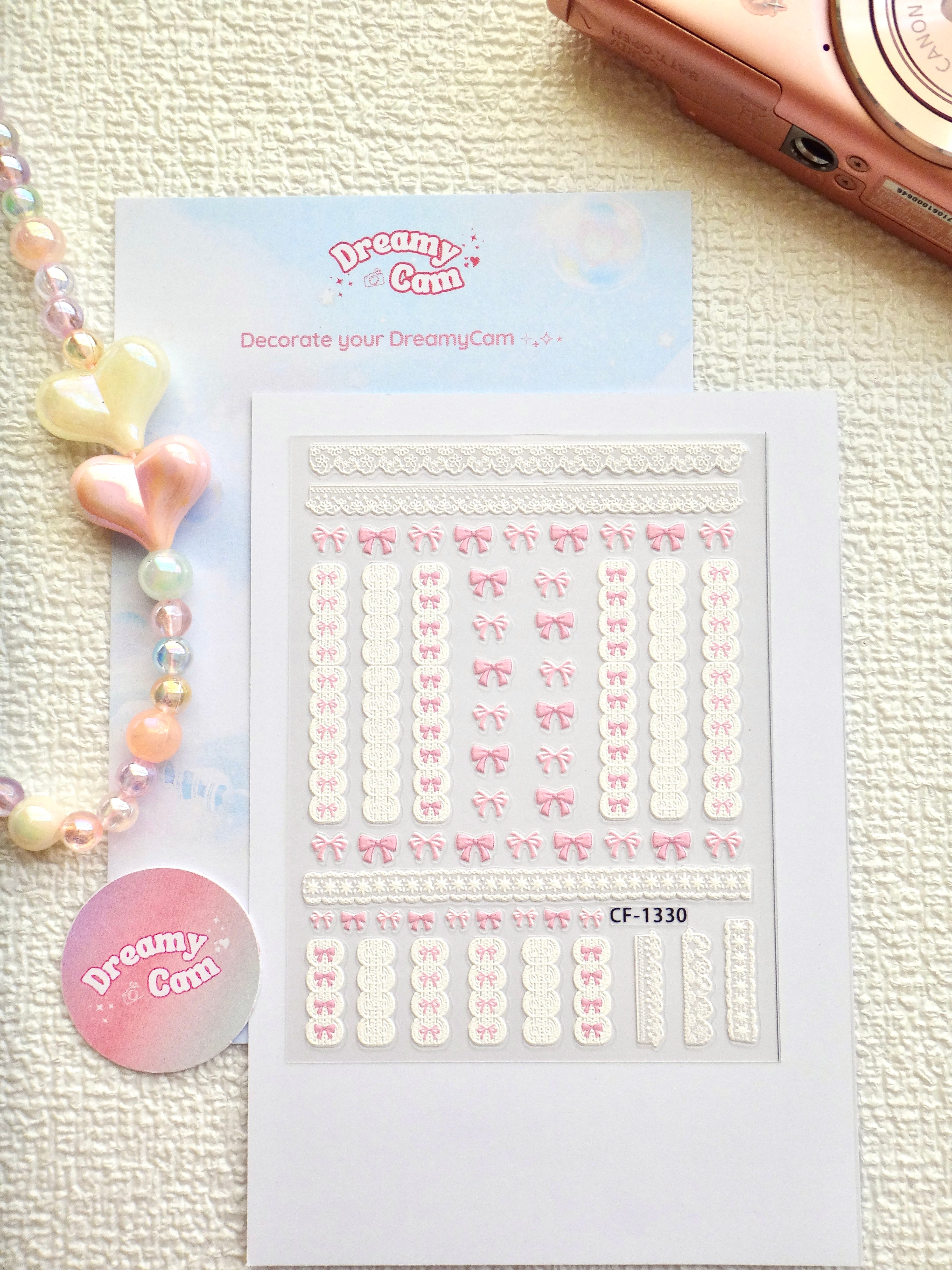 5D Camera Stickers – Bow & Hearts - Pink Lace