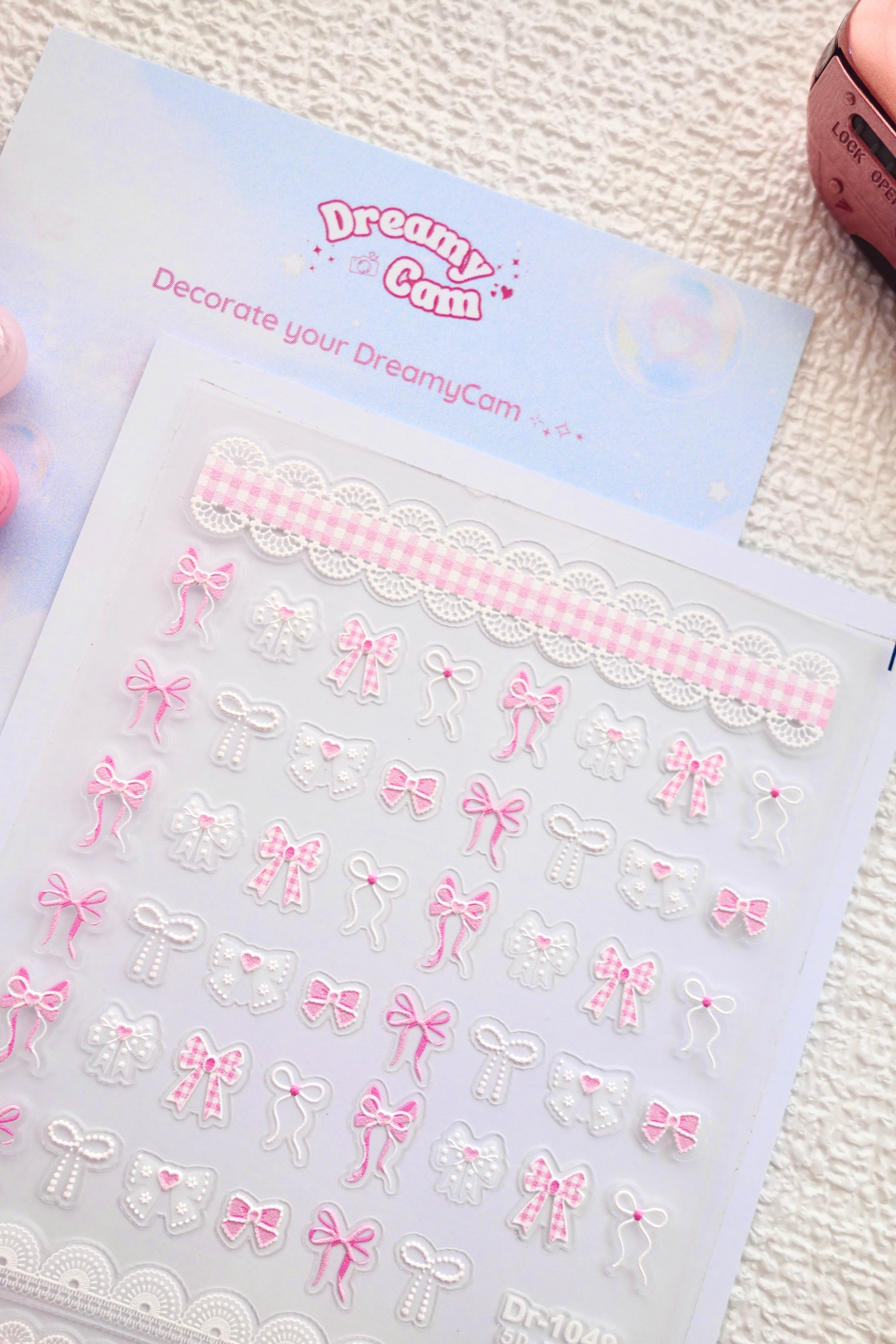 5D Camera Stickers – Bow & Hearts - Plaid Pink Bow