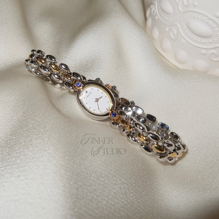 Vintage Seiko 1F20-5B20 Two-Tone Blue Accent Jewellery Watch — 1990s